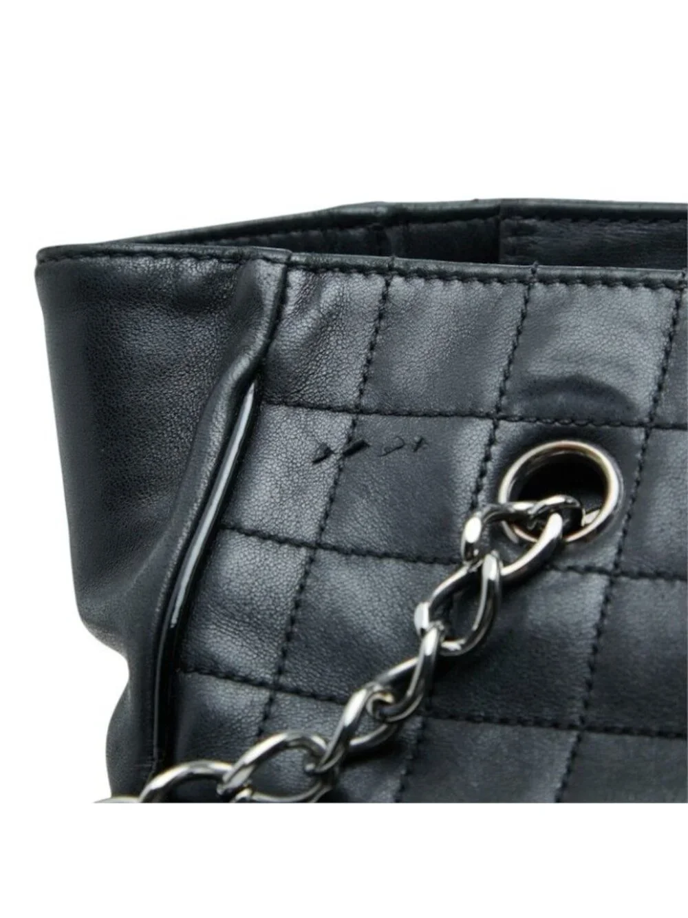 Chanel CC Logo Camellia Choco Bar Chain Tote Black Lambskin Patent